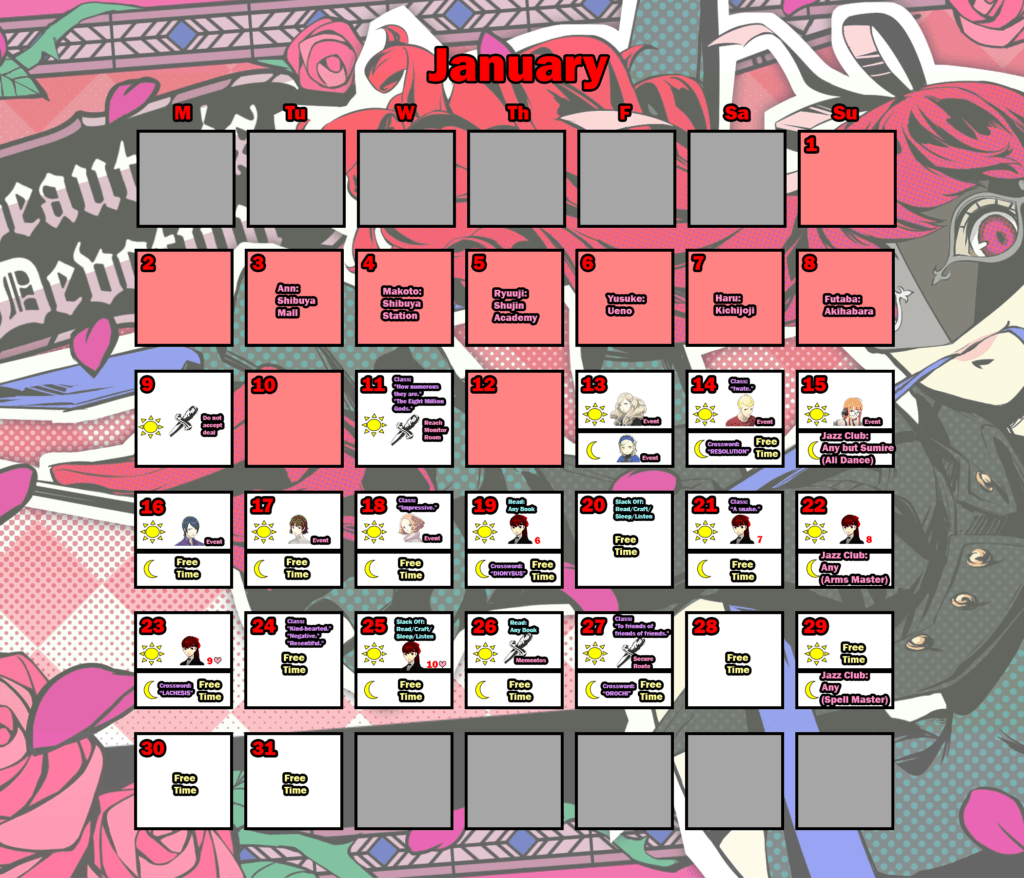 Persona 5 Trophy Guide (Original & Royal): Detailed Calendar for Trophy Hunters 21 persona 5 royal: january calendar
