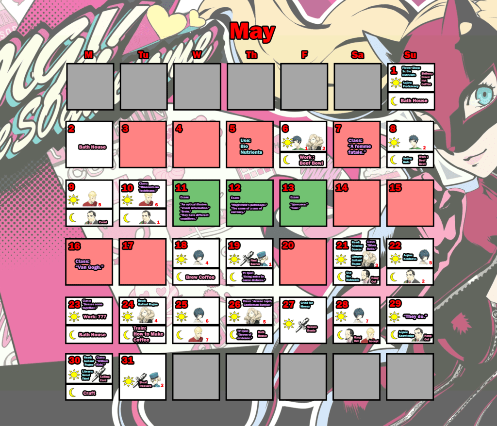 Persona 5 Trophy Guide (Original & Royal): Detailed Calendar for Trophy Hunters 3 persona 5: may calendar