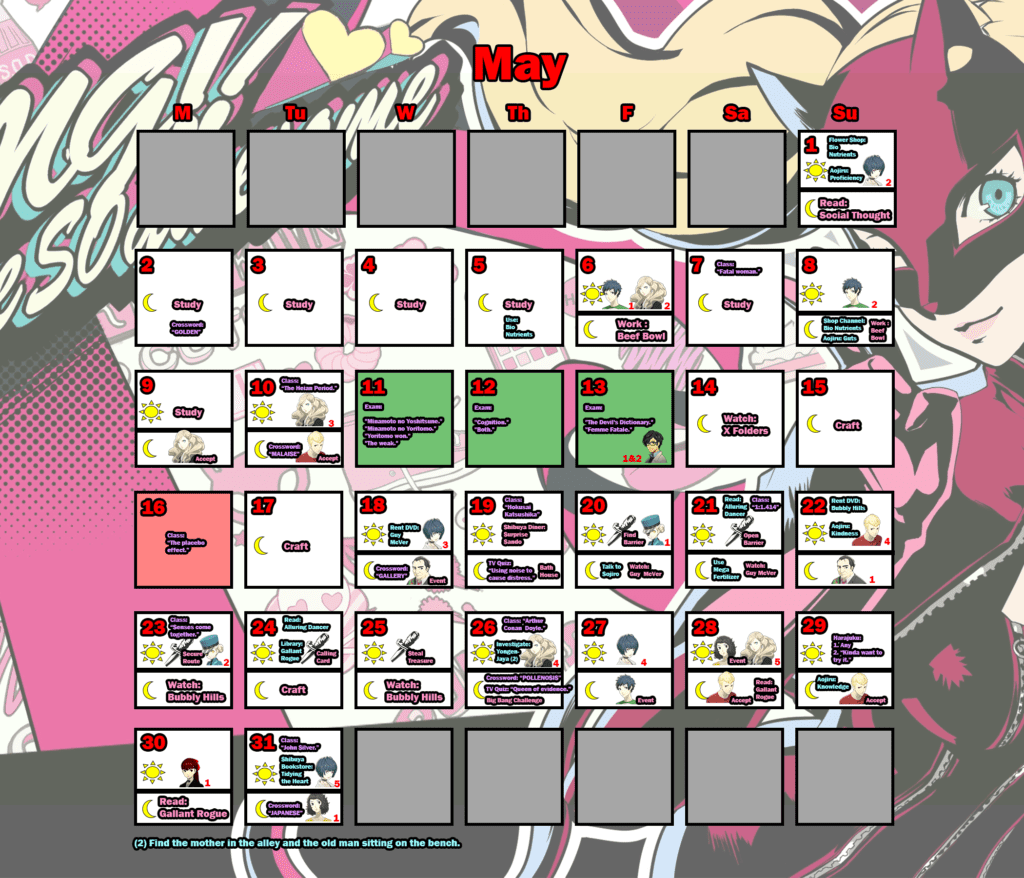Persona 5 Trophy Guide (Original & Royal): Detailed Calendar for Trophy Hunters 13 persona 5 royal: may calendar
