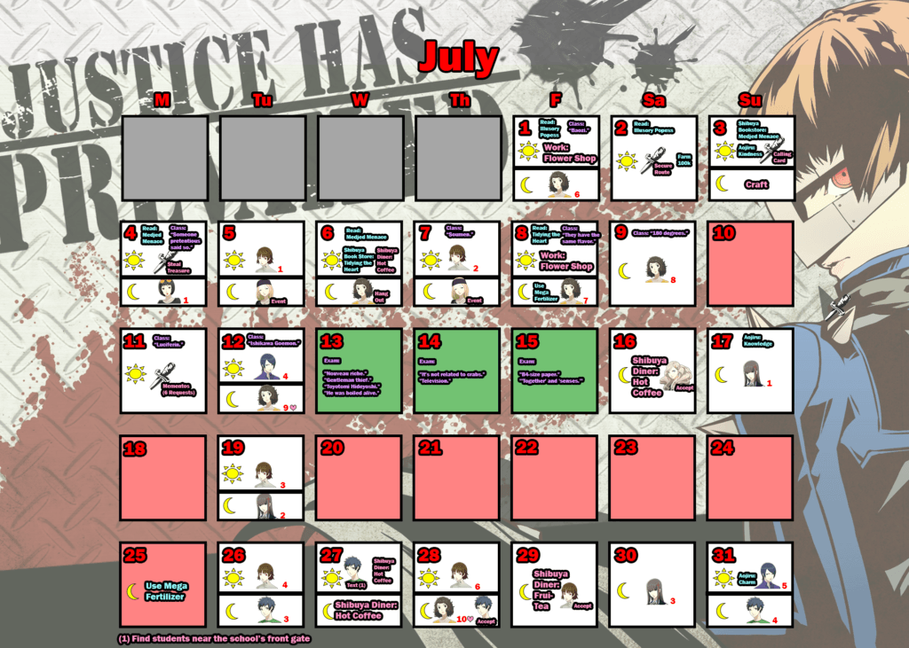 Persona 5 Trophy Guide (Original & Royal): Detailed Calendar for Trophy Hunters 5 persona 5: july calendar