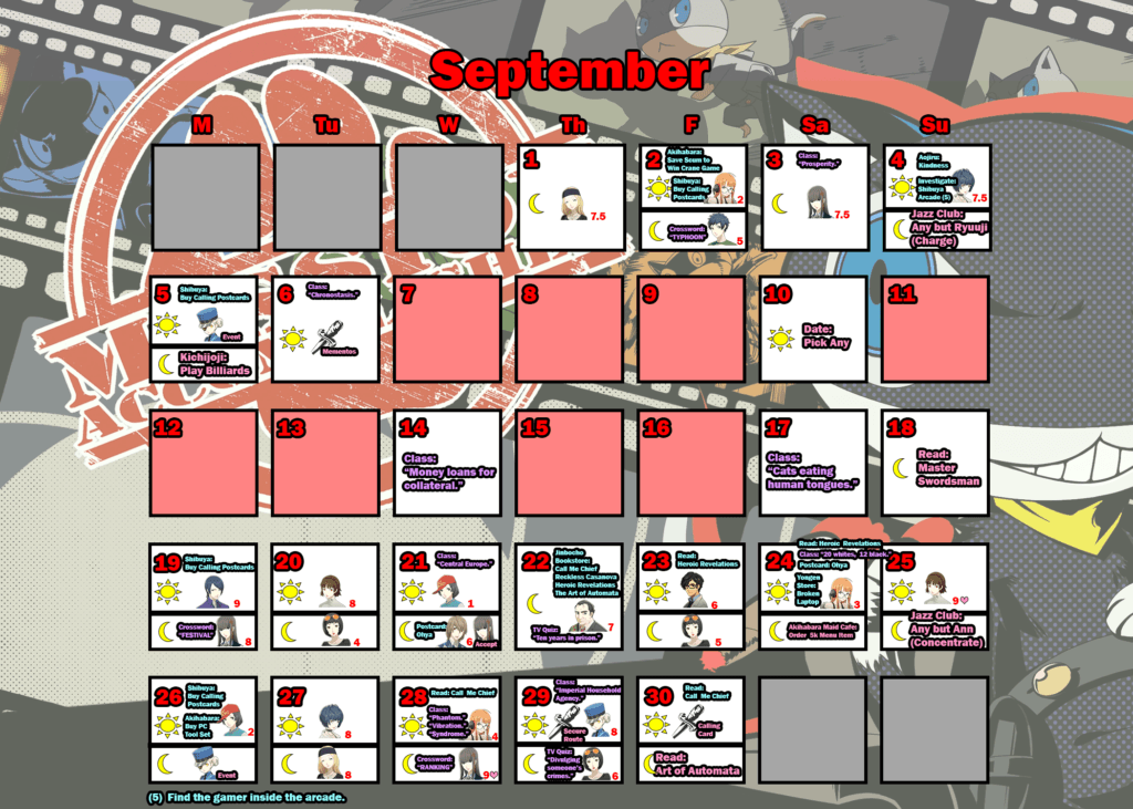 Persona 5 Trophy Guide (Original & Royal): Detailed Calendar for Trophy Hunters 17 persona 5 royal: september calendar