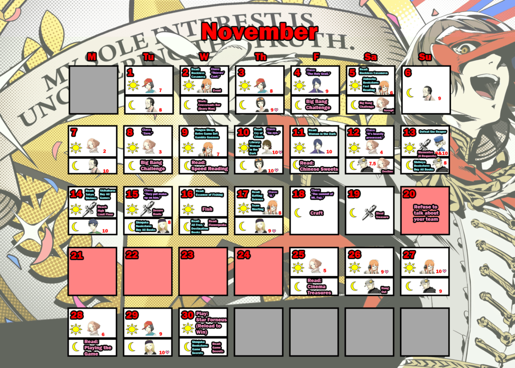 Persona 5 Trophy Guide (Original & Royal): Detailed Calendar for Trophy Hunters 9 persona 5: november calendar