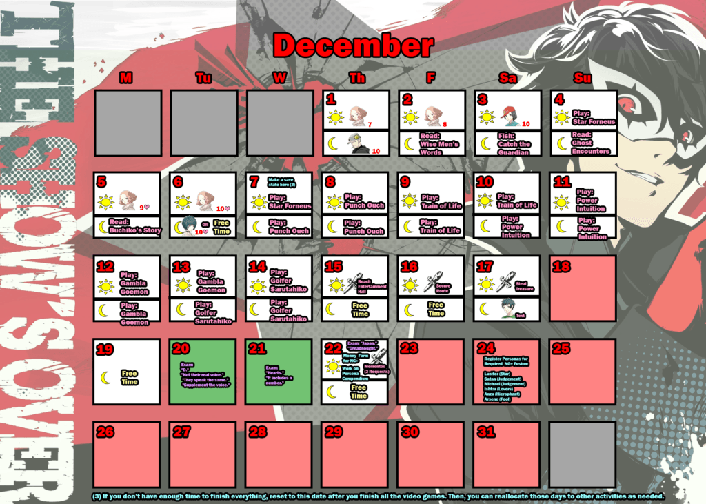 Persona 5 Trophy Guide (Original & Royal): Detailed Calendar for Trophy Hunters 10 persona 5: december calendar