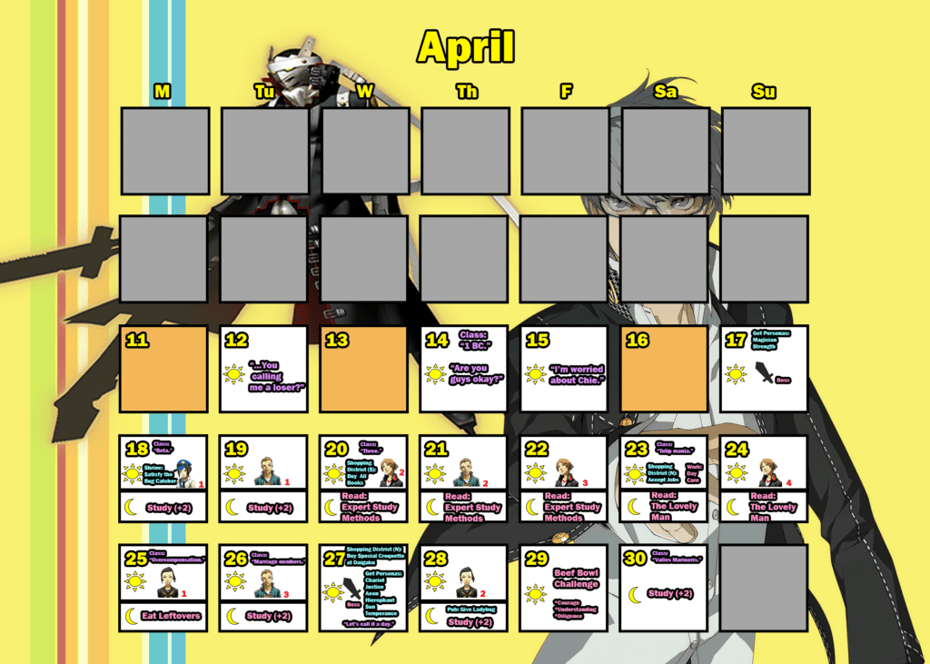 Persona 4 Golden Trophy Guide: Detailed Calendar for Trophy Hunters 2 persona 4 golden calendar: april