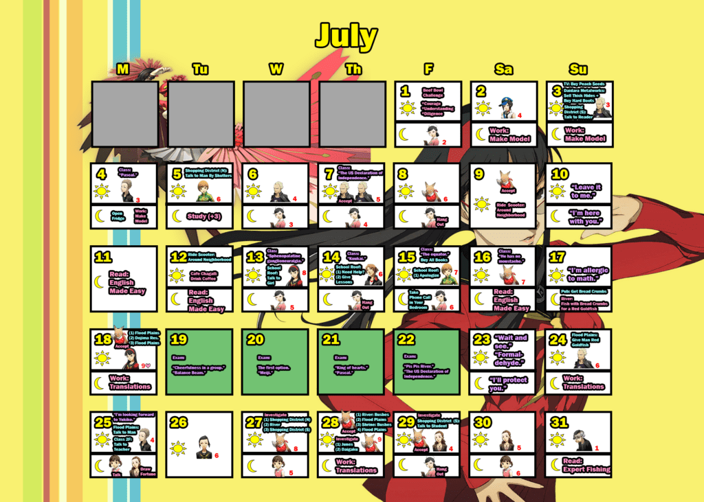 Persona 4 Golden Trophy Guide: Detailed Calendar for Trophy Hunters 5 persona 4 golden calendar: july