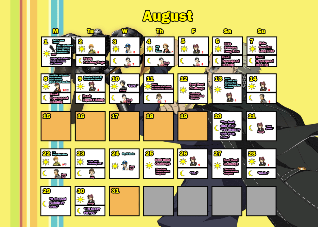 Persona 4 Golden Trophy Guide: Detailed Calendar for Trophy Hunters 6 persona 4 golden calendar: august