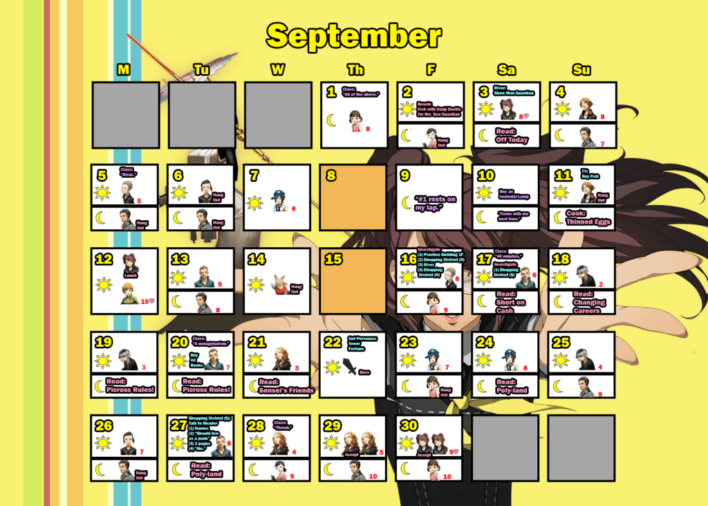 Persona 4 Golden Trophy Guide: Detailed Calendar for Trophy Hunters 7 persona 4 golden calendar: september