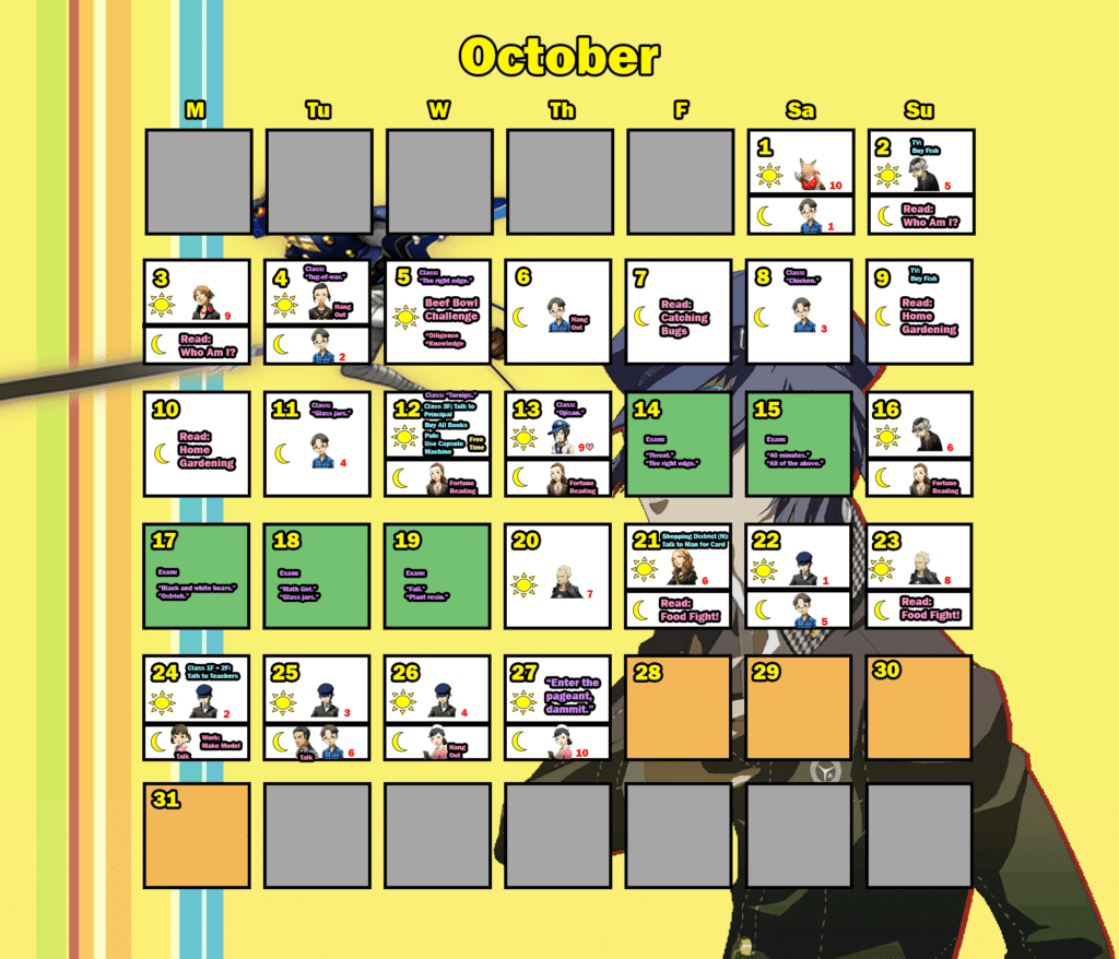 Persona 4 Golden Trophy Guide: Detailed Calendar for Trophy Hunters 8 persona 4 golden calendar: october