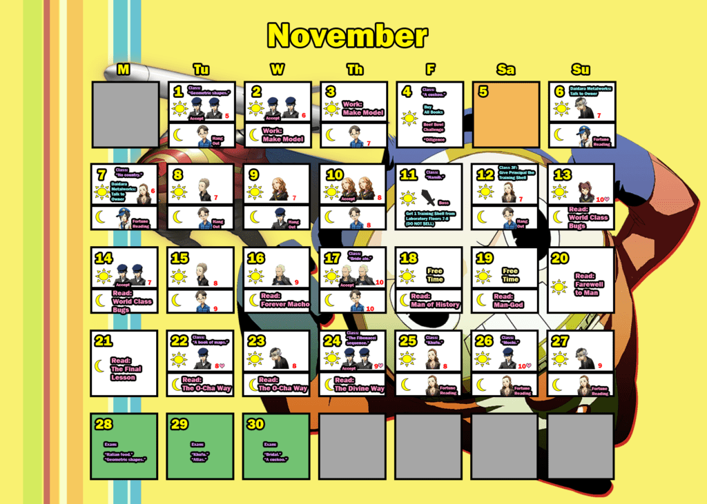 Persona 4 Golden Trophy Guide: Detailed Calendar for Trophy Hunters 9 persona 4 golden calendar: november
