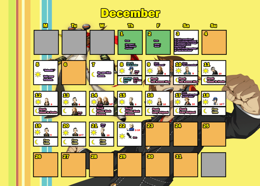 Persona 4 Golden Trophy Guide: Detailed Calendar for Trophy Hunters 10 persona 4 golden calendar: december